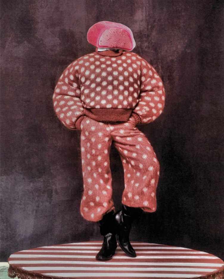 man in red outfit with white polka dots and black boots